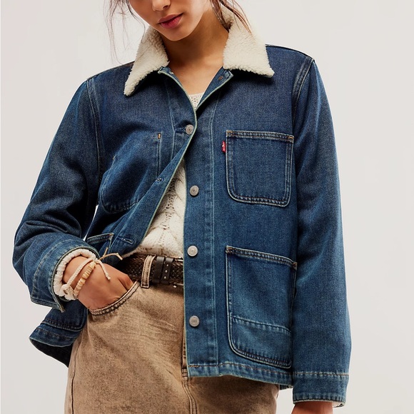 Levi's Jackets & Blazers - NWT Levi's Warm Chore Slouchy Denim Jacket Size XS Sherpa Collar Dark Blue Wash